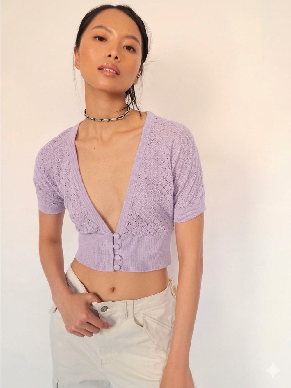 Intimately Free People "Say It" Pointelle Knit Cropped Cardigan Sweater Size S